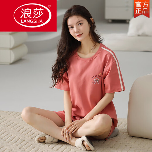 浪莎（LangSha）2025年新款睡衣女夏季纯棉短袖七分裤薄款休闲可外穿家居服舒适 9859【短-袖短-裤】 M 【建议80-100斤穿】