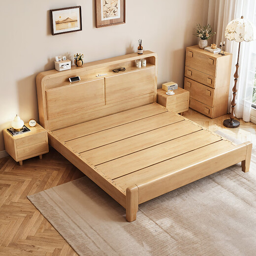 Youkaji mortise and tenon solid wood bed master bedroom double bed simple small apartment with night light charging full bed board 906 1.2m frame