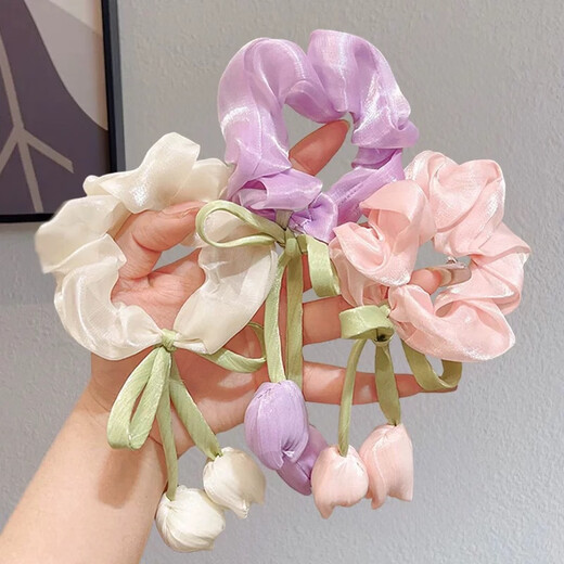 Garenbei's new spring-flavored shimmering tulip bow large intestine hair tie for girls, sweet and western style flower tassel hair tie, one pink + purple tulip hair tie