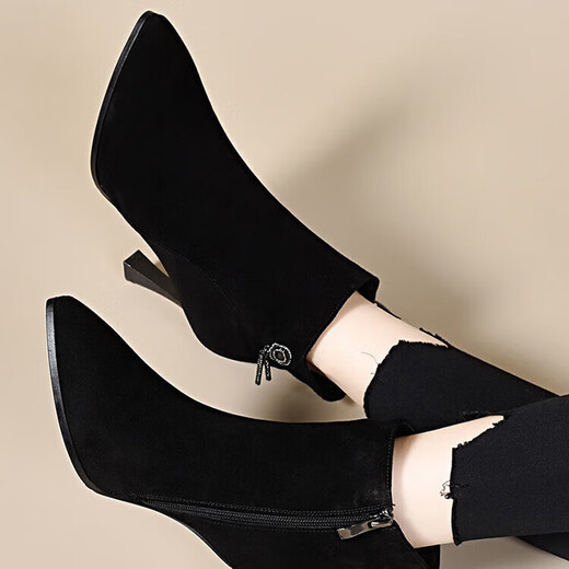 Pale memory brand high-heeled short boots for women 2025 autumn and winter new style genuine leather pointed toe stiletto frosted soft leather ankle boots plus velvet women's boots black velvet lining 36