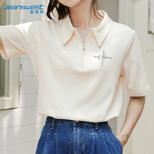 Jeanswest Lapel Short Sleeve Women's 2025 Summer New Half-Zip Polo Collar Top Women's Fashion Lazy Feeling Pure Cotton T-Shirt for Women
