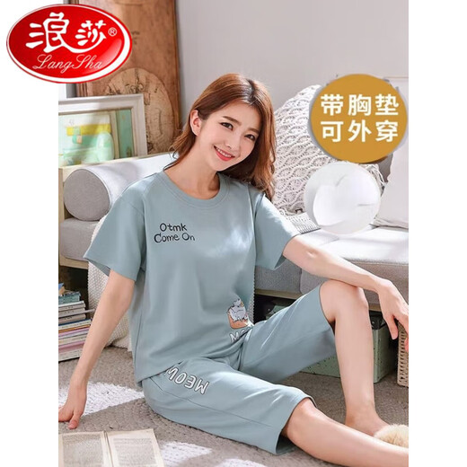 Langsha pajamas with chest pad for women for summer short-sleeved cropped pants suit casual thin high school student cartoon Korean style home clothes with chest pad 679 Babi Bear short-sleeved cropped pants M size 75-95 Jin [Jin equals 0.5 kg] equal size