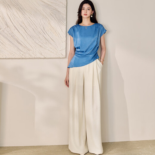 
ROEYSHOUSE Lace High Satin Shirt Women's 2025 Summer Chic Wrinkle Waist Slim Bodysuit 12043 Blue L