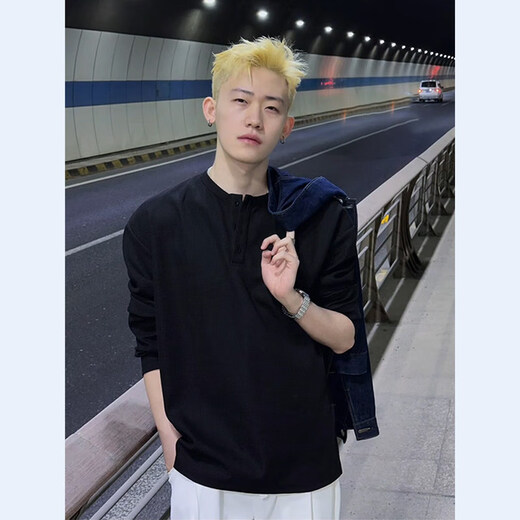 Du Xiaoxian cleanfit black Henry collar long-sleeved T-shirt men's spring and autumn American sweatshirt high-end inner layering shirt black XL recommended 120-140Jin Jin equals 0.5 kg