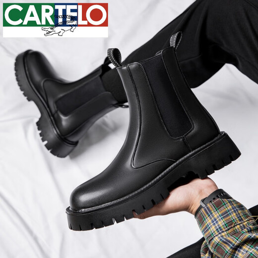 Cartelo Chelsea Boots Men's Winter Plus Velvet High Top Chaussures British Style Kick-Off Martin Boots Men's Spring and Automn Boots Boots Men's Chimney Boots Black Middle Top 3524 38