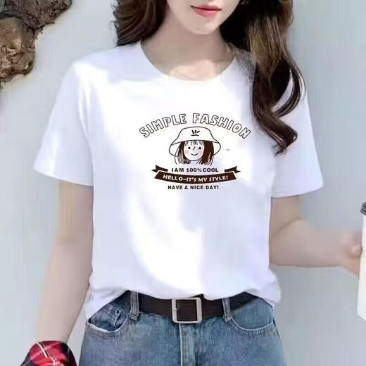 款新款女士t恤短袖宽松大码学生圆领印花白色女装显瘦上衣短袖T恤 1049 M 85-95