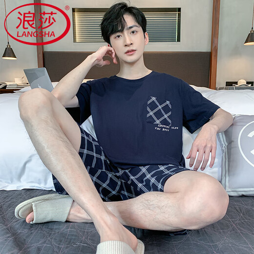 浪莎（LangSha）夏季纯棉男士短袖短裤睡衣夏天宽松薄款两件套装青少年卡通家居服 H9928(短袖短裤) L (建议100-120斤)