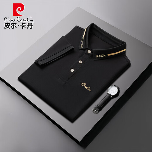 皮尔卡丹（pierre cardin）夏季潮流翻领男士短袖t恤青年商务休闲宽松带领半袖保罗polo衫男 黑色 QY683 2XL