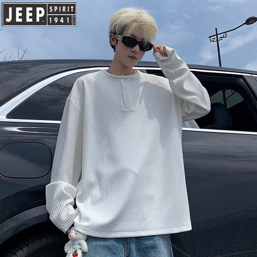 JEEP SPIRIT Jeep Henry collar black men's long-sleeved t-shirt spring and autumn tops 2025 sweatshirt men's inner layering shirt trendy white L