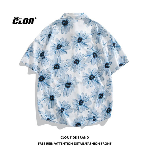 CLOR American ice silk shirt men's spring and summer printed short-sleeved shirt loose jacket CLCX11 Blue Rhyme Flower 2XL
