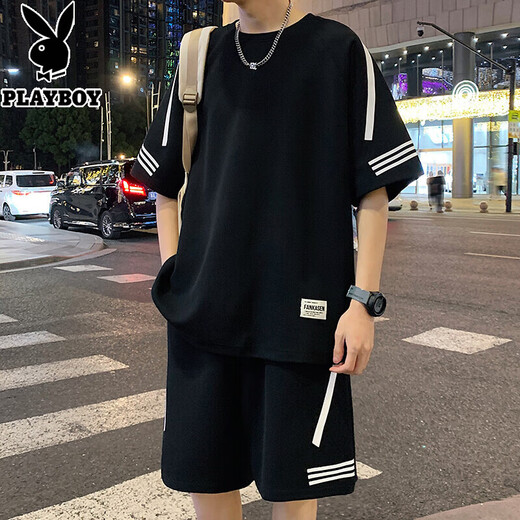 花花公子短袖t恤男士装夏季休闲青少年运动套装宽松半袖上衣服港风男装 10727/FKS653白色 XL 【建议130-150斤】