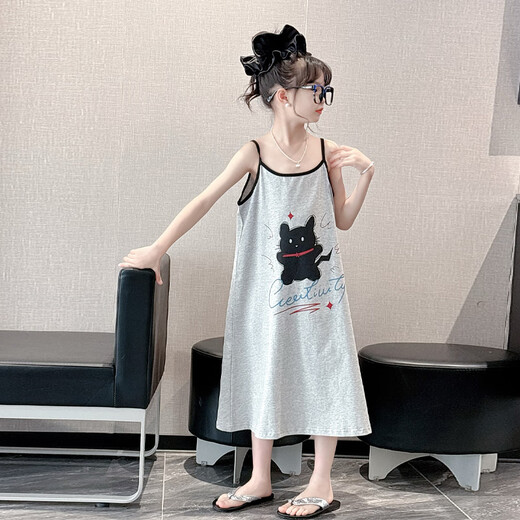 MOKITOUL女童纯棉睡裙夏季2025新款儿童女孩大童超好看家居服甜美吊带睡衣 灰色 110cm 均码