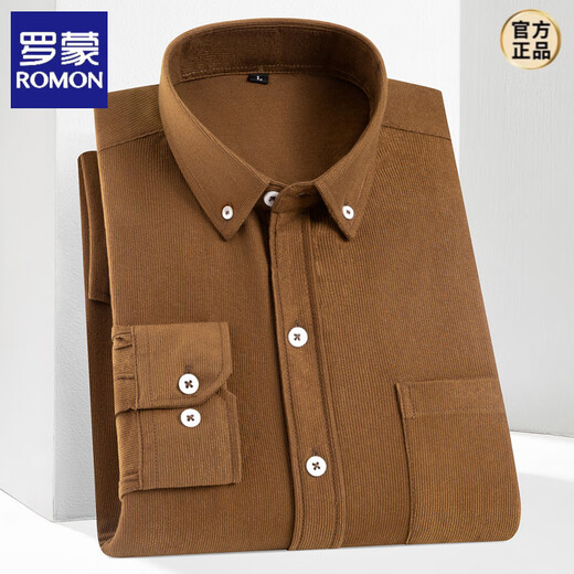 罗蒙（ROMON）2025春秋款男士长袖灯芯绒衬衫男纯色条绒宽松中老年休闲衬衣男 藏青灯芯绒 加绒 口袋无扣 38 【80-105斤】