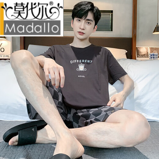 莫代尔睡衣男款夏季短袖短裤夏天薄款棉格子可外穿休闲宽松大码200斤 9928 M