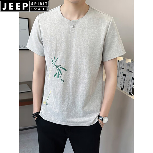 JEEP SPIRIT新中式国风v领短袖T恤男夏季亚麻2025新款透气竹子半袖男士体恤衫 9856卡其色 M (约90~105斤可穿)