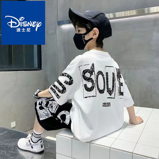 迪士尼（Disney）男童套装2025夏季新款网红套装一整套儿童t恤中大童男孩两件套潮 黑色短袖[SO套装]#687 150 适合身高140左右