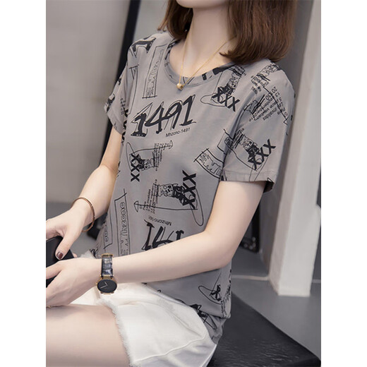 
Ximanchen women's short-sleeved high-end women's fashionable summer new T-shirt for women Korean style slim and versatile casual and cover their belly 6629 gray M [about 80-95