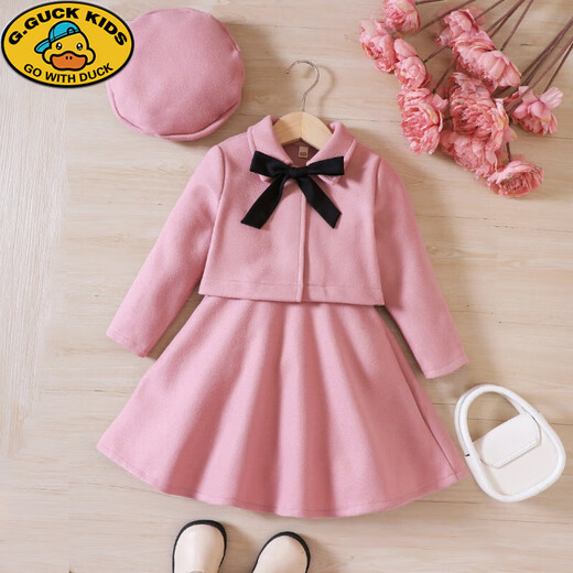 G.DUCKKIDS Girls' Suit Winter Bow Woolen Jacket Vest Skirt Hat Three-piece Set Winter Warm Clothes Middle and Older Children Gray 120cm