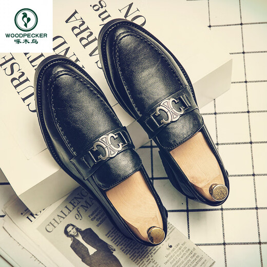 
Woodpecker summer new style lazy man kicks bean shoes men's business retro casual leather shoes nightclub hair stylist trendy shoes 3522 black 38
