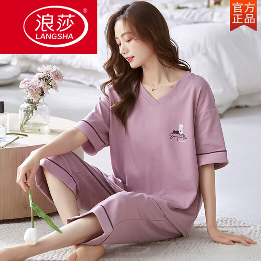 浪莎（LangSha）睡衣女夏短袖七分裤纯棉千鸟格套装夏天韩版可外穿休闲宽松家居服 香槟色 短-袖七-分裤-679 3XL 女【140-155斤】