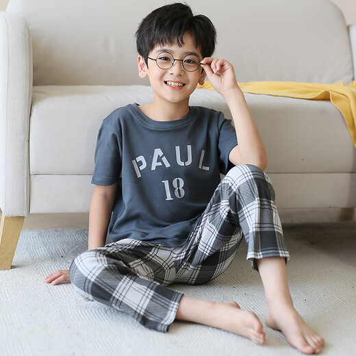 
Mannido children's pajamas boys short-sleeved trousers autumn clothes boys all-cotton air conditioning set big children teenagers pure cotton home clothes N9901 [short length] 170 XL code recommended 165-170cm