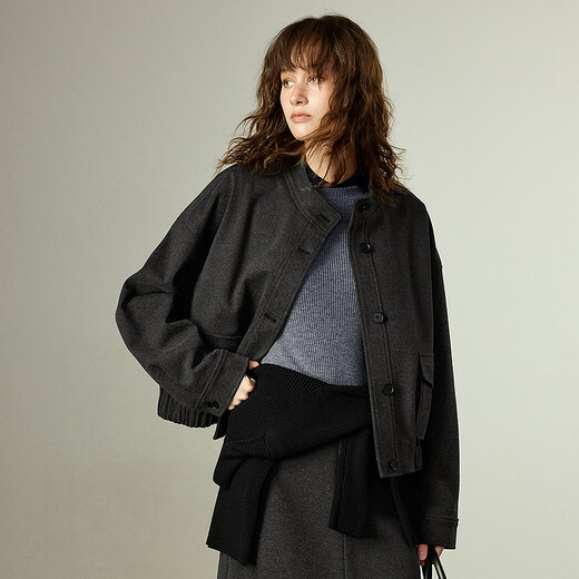 Chuyu Woolen Jacket Women's 2025 Winter New Stand Collar Retro High Intelligence Jacket Loose Top Jacket Black Gray L