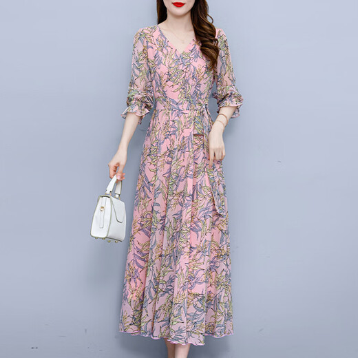 Lism [gleicher Stil im Einkaufszentrum] High-End-Kleid 2025 New Style Chiffon Long Sleeves Modes Temperament und wunderschönes Herbstrosa M (96-105jin [Jin gleich 0,5 kg]))