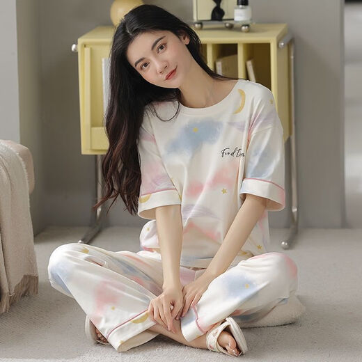 Meng Xinsheng Pyjamas für Frauen im Sommer im Sommer Pure Cotton Kurzärmelhosen Dünne Baumwoll-Sommer-Runde Hals-Kleidungsset können außerhalb von Hose mit Kurzärärmern getragen werden: YZT9720 m