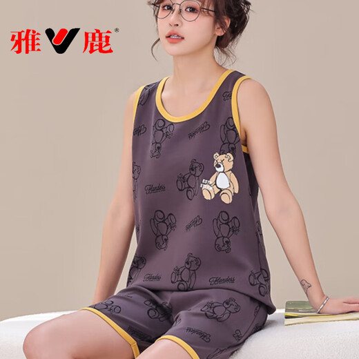 雅鹿夏季女睡衣套装无袖短裤加肥200斤大码纯棉坎袖夏天女背心家居服 情背心1283兰海豚女 M 标准【80-95斤】
