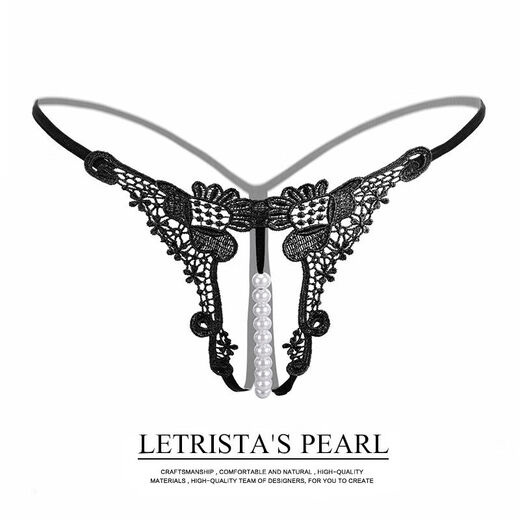 Sexy sexy underwear, open crotch, no need to take off, women's thong, bed temptation, pearl massage, convenient, passion t-pants, large size, hollow pearl black