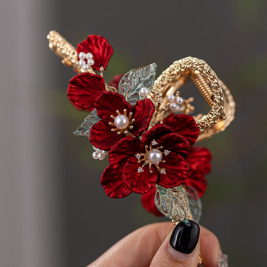 Zaoji (Zaoji) Retro Clásica Brida Tostar Tocado simple Camellia Roja Té Boda Accesorios para el cabello de boda chino para mujeres Camellia roja Hojas de té verde agarrando