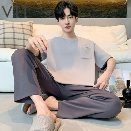 VTT睡衣男夏季纯棉短袖长裤男款薄款大码简约可外家居服套装 V短袖长裤：OMM13077 L