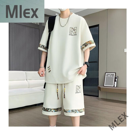 MLEX佳琳娜时尚男装冰丝短袖.t恤男青少年夏装国潮短袖休闲运动套装 6195【短袖套装】米白色 4XL 建议180200斤