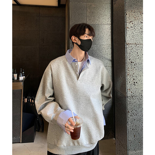 Pugesi (PUGESI) fake two-piece lapel long-sleeved shirt for men in autumn versatile layered henley shirt casual jacket gray M