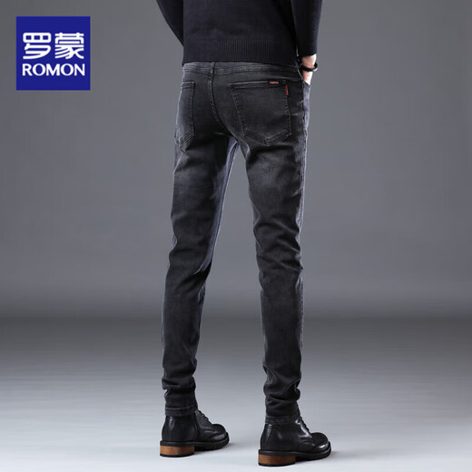 Romon 2025 summer new high-end jeans men's business slim feet high-end stretch thin casual trousers men's clothing 1048 black 31