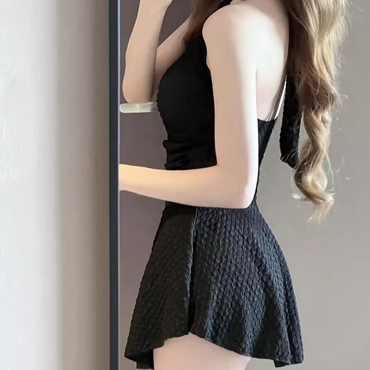 Lugeli 2025 NUEVO VESTO DE UNA PIEZA Color sólido para el traje de baño para mujeres para cubrir el vientre y hacer que se vea delgada del Temperatura del Temperatura delgado y Conservador de alta gama Tamaño promedio de traje de baño negro de los cabestros negros [80-120Jin [Jin iguala 0.5 kg]]