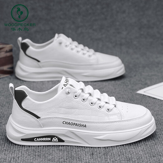 
Woodpecker men's shoes 2025 spring and summer breathable versatile casual inner height-enhancing shoes for men's leather shoes feel level-like and small white shoes 7372 beige flat-soled style 43