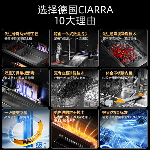 CIARRA【德国品质】集成水槽洗碗机多功能一体纳米蜂窝槽 上下分层14套自动开门洗碗机超声波双水槽AKC10 1050mm带净水器款