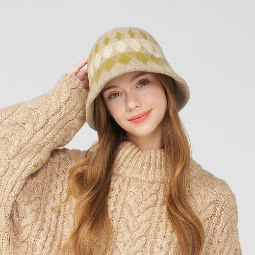 Kenmont 100% sheep wool woven plaid jacquard fisherman hat women's autumn and winter foldable ear protection warm basin hat km-9527