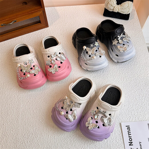 Children's sandals, girls' clogs, sandals, non-slip toe-cap slippers, 2025 summer new color-blocking beach shoes, purple butterfly stars, size 32-33, inner length 20cm