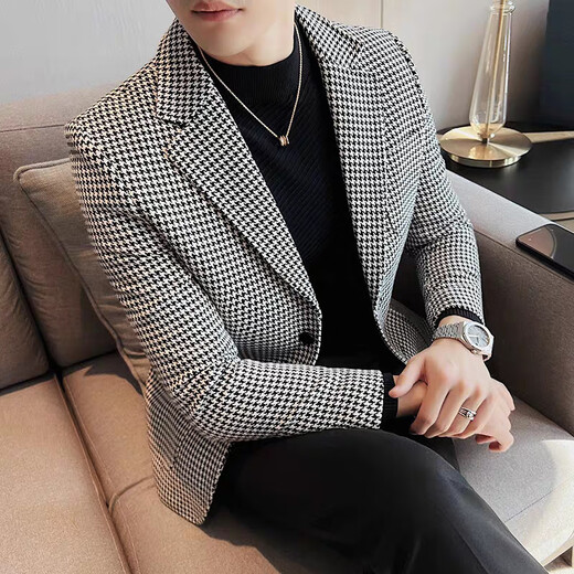 NJSKAKW suit men's middle-aged and young men's small suit tops for spring and autumn suit casual jacket slim fit plaid single thin 866 houndstooth-khaki M 170/88A Recommended 80-110Jin [Jin equals 0.5 kg]