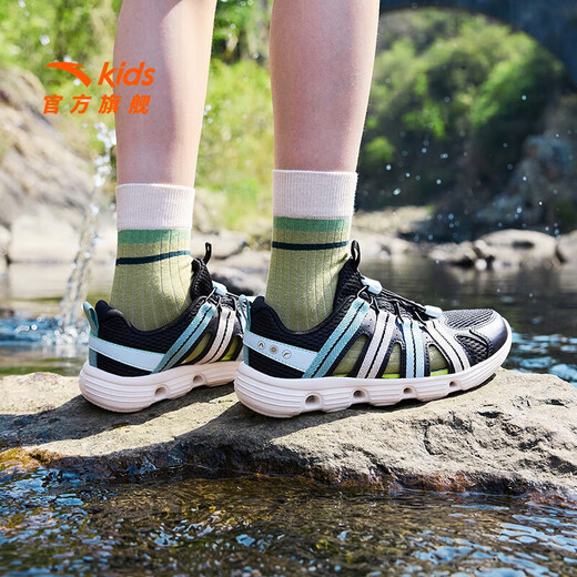 ANTA children's sandals, boys' shoes, 2026 summer new outdoor water and land tracing shoes, Baotou anti-collision beach shoes, black/ice crystal green-2 33 size