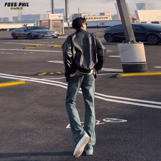 Foss Phil leather jacket men's autumn and winter retro pu leather jacket casual lapel solid color top Q2499 black L