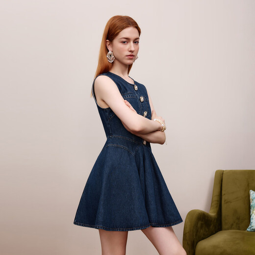 LIME FLARE [Chinese Valentine's Gift] Rhine FLARE 2025 new short waist blue denim sleeveless dress for women summer navy blue XL