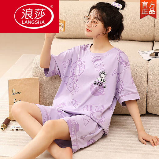 浪莎（LangSha）睡衣女夏季纯棉短袖短裤大码女士全棉卡通宽松背心家居服两件套装 短-袖短-裤-G6630 M 女--【85~100斤】