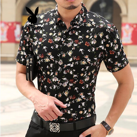 Playboy (Playboy) 2025 Летняя рубашка с короткими рукавами для мужчин Mercerized Cotton Rush No Iron для мужчин Fat Men Loose Plus-Size Printed полузащиленные 983 Maple Leaf Black M подходит для 95-120JIN [Jin равняется 0,5 кг]