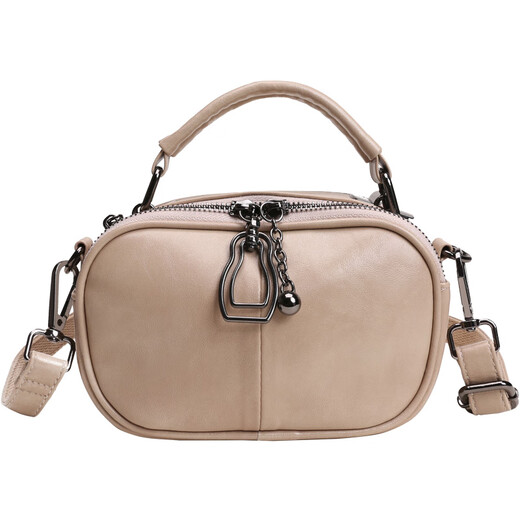 CALCULAT&KEEN Sac rond en cuir souple Sac à main multi-fermeture éclair 2025 nouveau sac à bandoulière large bandoulière simple petit sac à bandoulière simple pour femme couleur thé au lait_avec deux bretelles