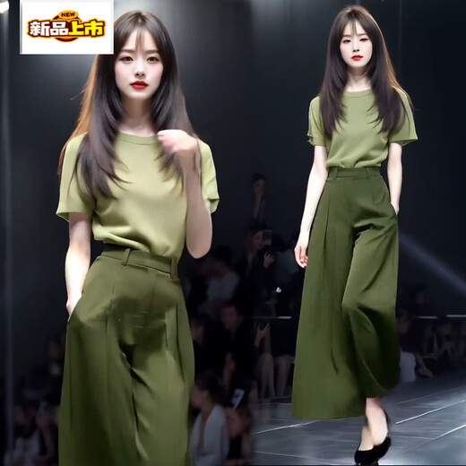 初径时尚套装女夏季新款时髦洋气短袖恤高腰阔腿裤气质两件套潮 蓝色上衣+黑色裤子(套装) S (80-100斤)