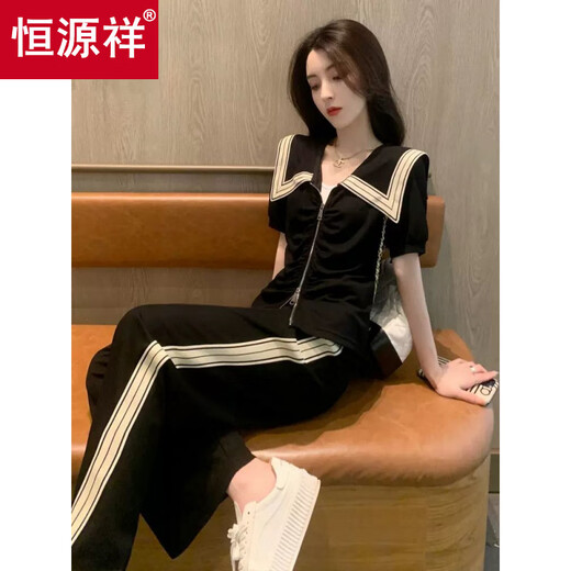 恒源祥时尚流行运动休闲两件套装女夏季新款日常舒适翻领短袖显瘦阔腿裤 黑色套装(高品质) S 70-90斤
