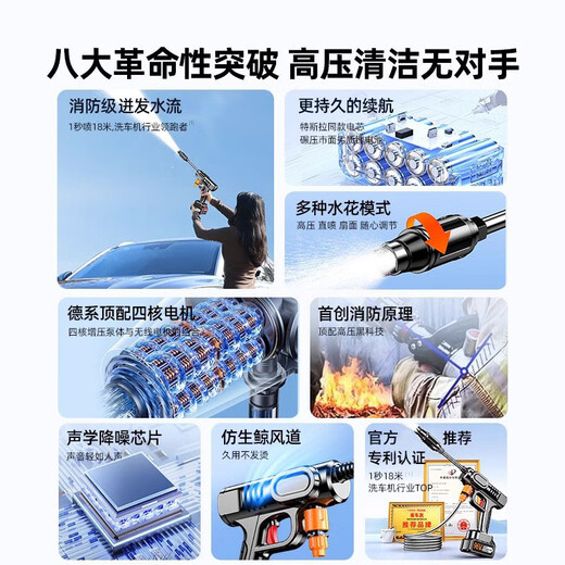 Xicheyou Wireless High-Pressure Car Washing Machine Home Brush Car Water Gun Portable Lithium Battery High-Power Supercharged Cleaning Artifact German Turbocharged 48V Single Battery + Ten Sections of Power 5 Meter Explosion-proof Pipe German Top-Quality Water Gun + Lifetime Warranty + Free Storage Box + Freight Insurance + Seven-day Trial